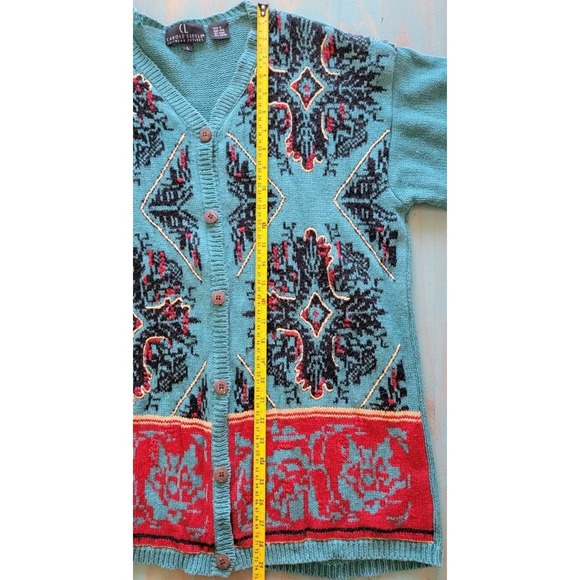 Vintage Carole Little Women's Teal Embroidered Knit Cardigan Sweater Large Petit - Picture 4 of 5